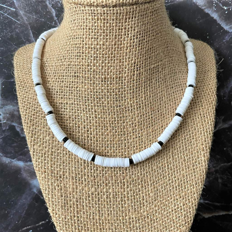 Mens White Polymer and Black Beaded Necklace-Beaded Necklaces,Black,mens,Necklaces,White