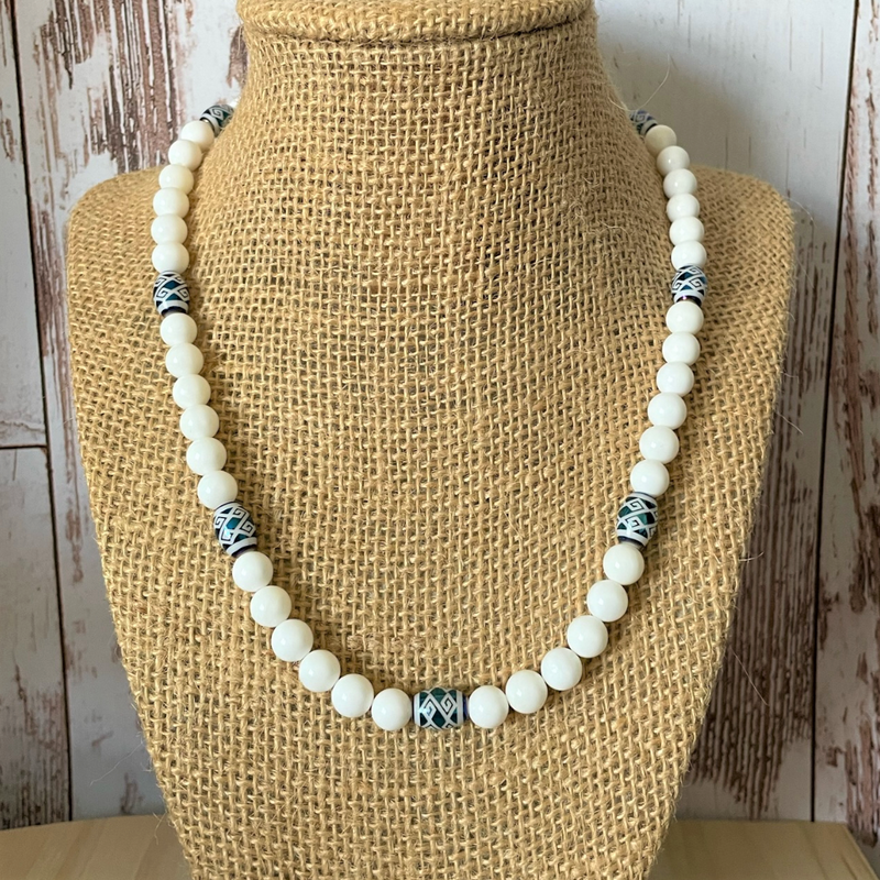 Mens White Shell and Blue Metallic Glass Beaded Necklace