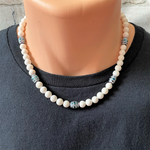 Mens White Shell and Blue Metallic Glass Beaded Necklace