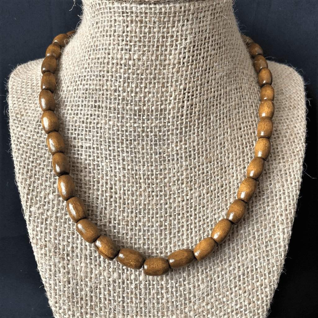 Brown Wood Mens Barrel Beaded Necklace-Beaded Necklaces,Mens