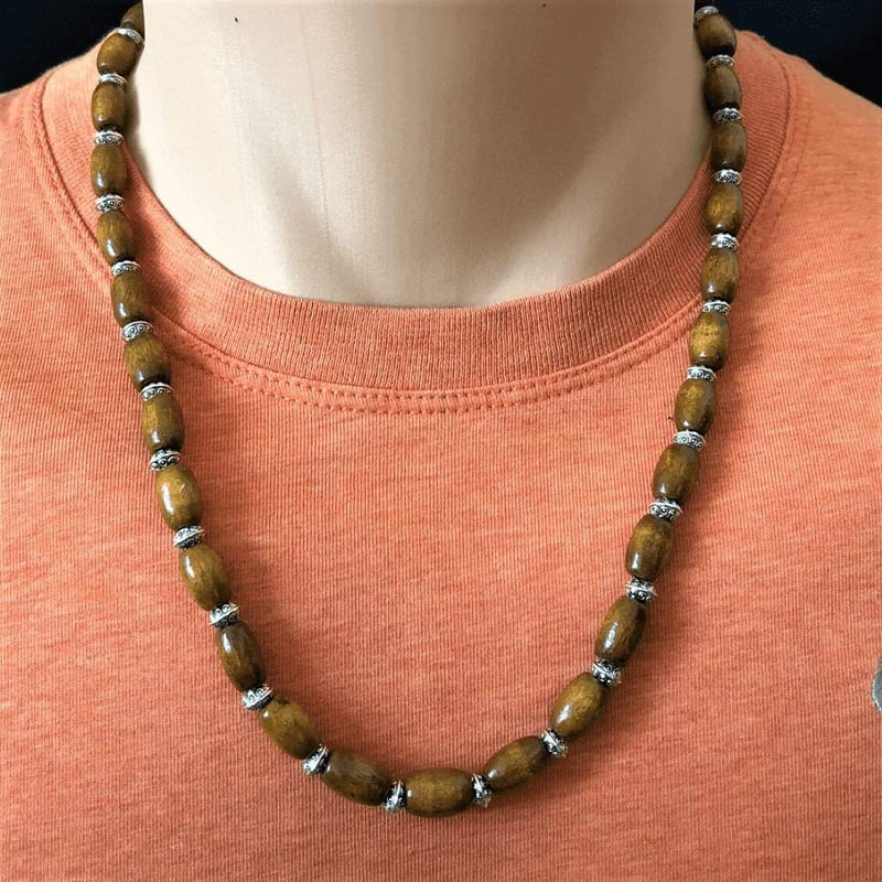 Mens Brown Wood Barrel and Silver Beaded Necklace-Brown,mens,Wood