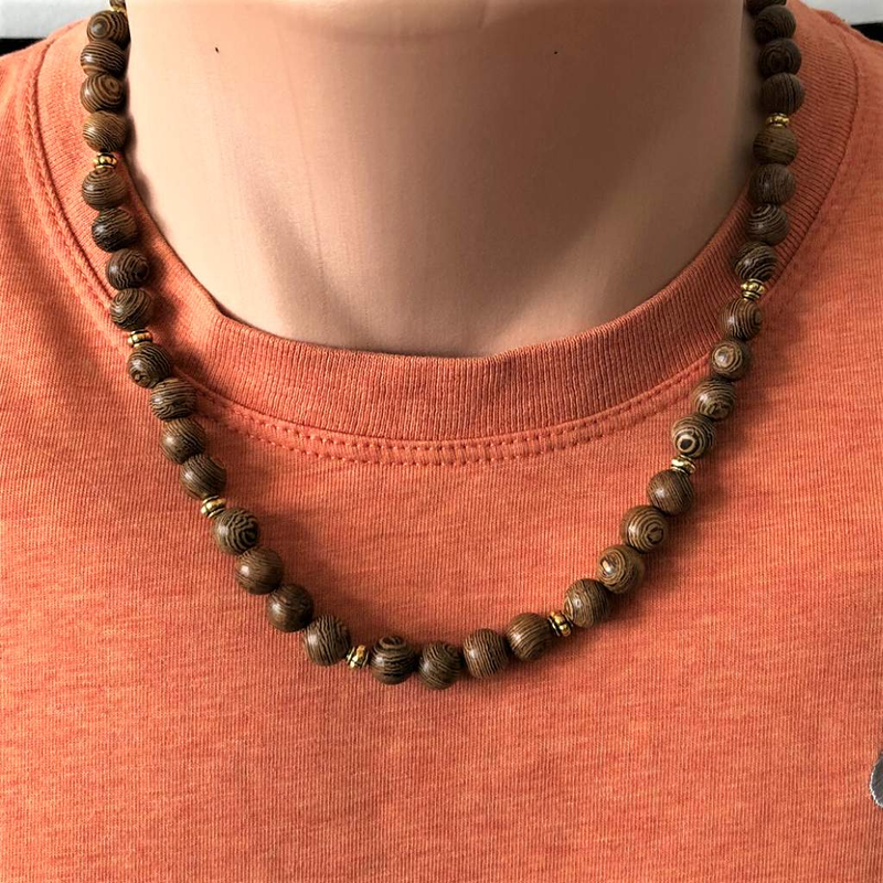 Woodgrain Mens Necklace-Beaded Necklaces,Brown,mens,Wood