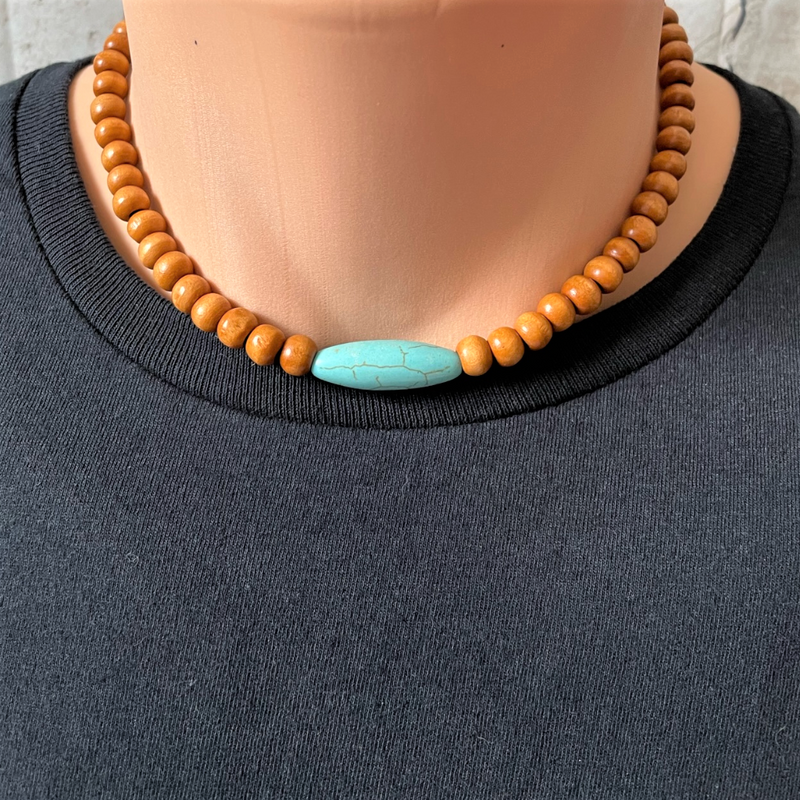 Mens Brown Wood and Turquoise Magnesite Beaded Necklace 18"