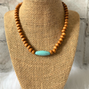 Mens Brown Wood and Turquoise Magnesite Beaded Necklace
