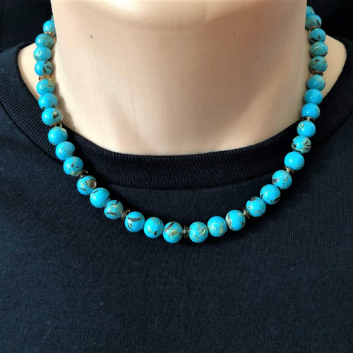 Mens Mosaic Turquoise and Smoky Topaz Beaded Necklace-Beaded Necklaces,mens,Turquoise