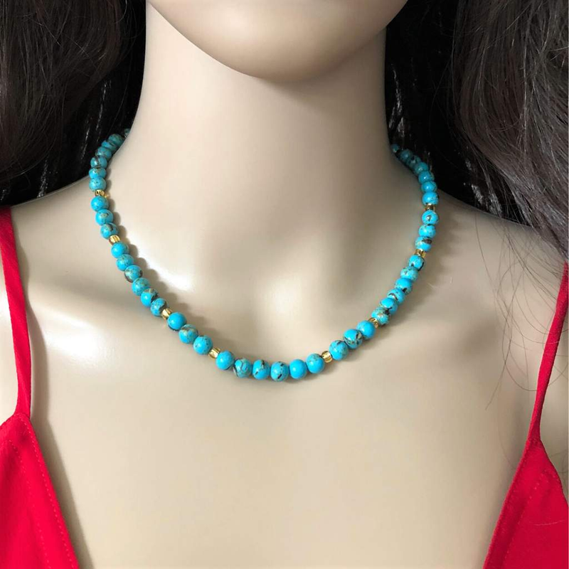 Turquoise Mosaic and Gold Toho Beaded Necklace-Beaded Necklaces,Turquoise