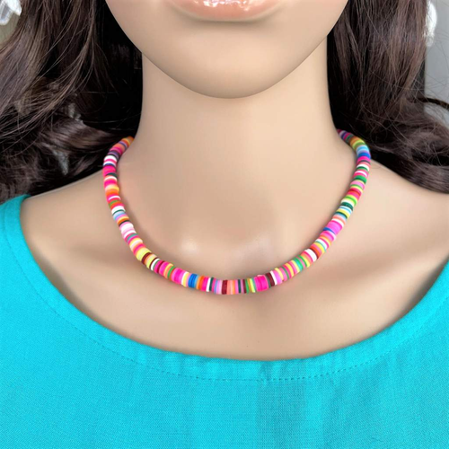 Multi Colored Polymer Necklace-Beaded Necklaces,Blue,Green,Necklaces,Orange,Pink,Purple,White,Yellow