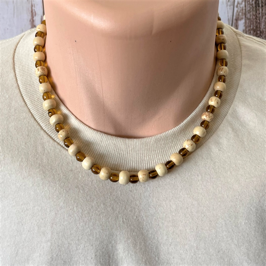 Mens Natural Beige and Brown Czech Beaded Necklace