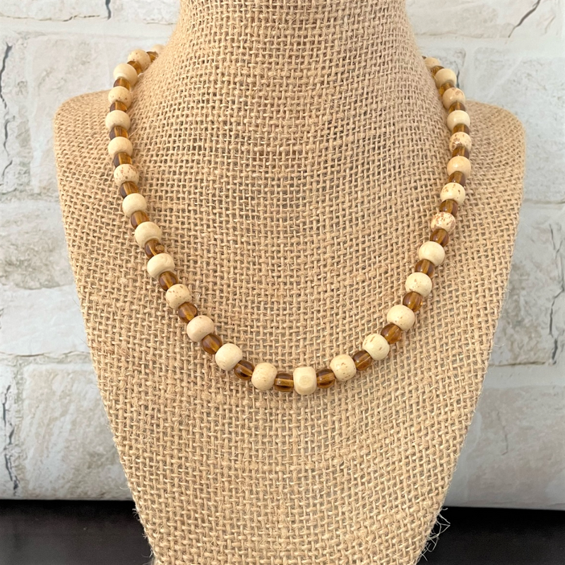 Mens Natural Beige and Brown Czech Beaded Necklace