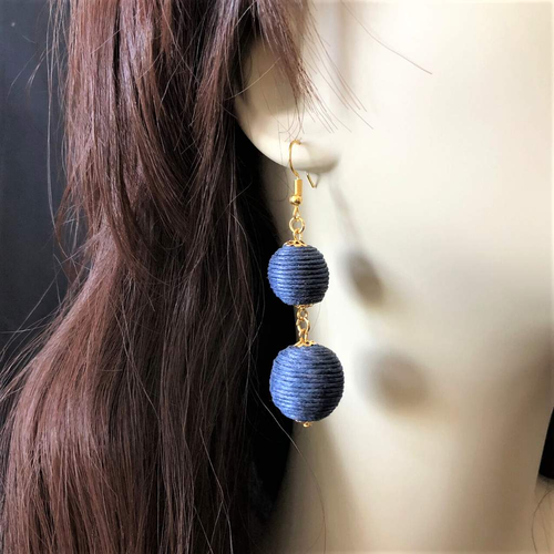 Navy Blue Thread Ball Dangle Earrings-Blue,Dangle Earrings