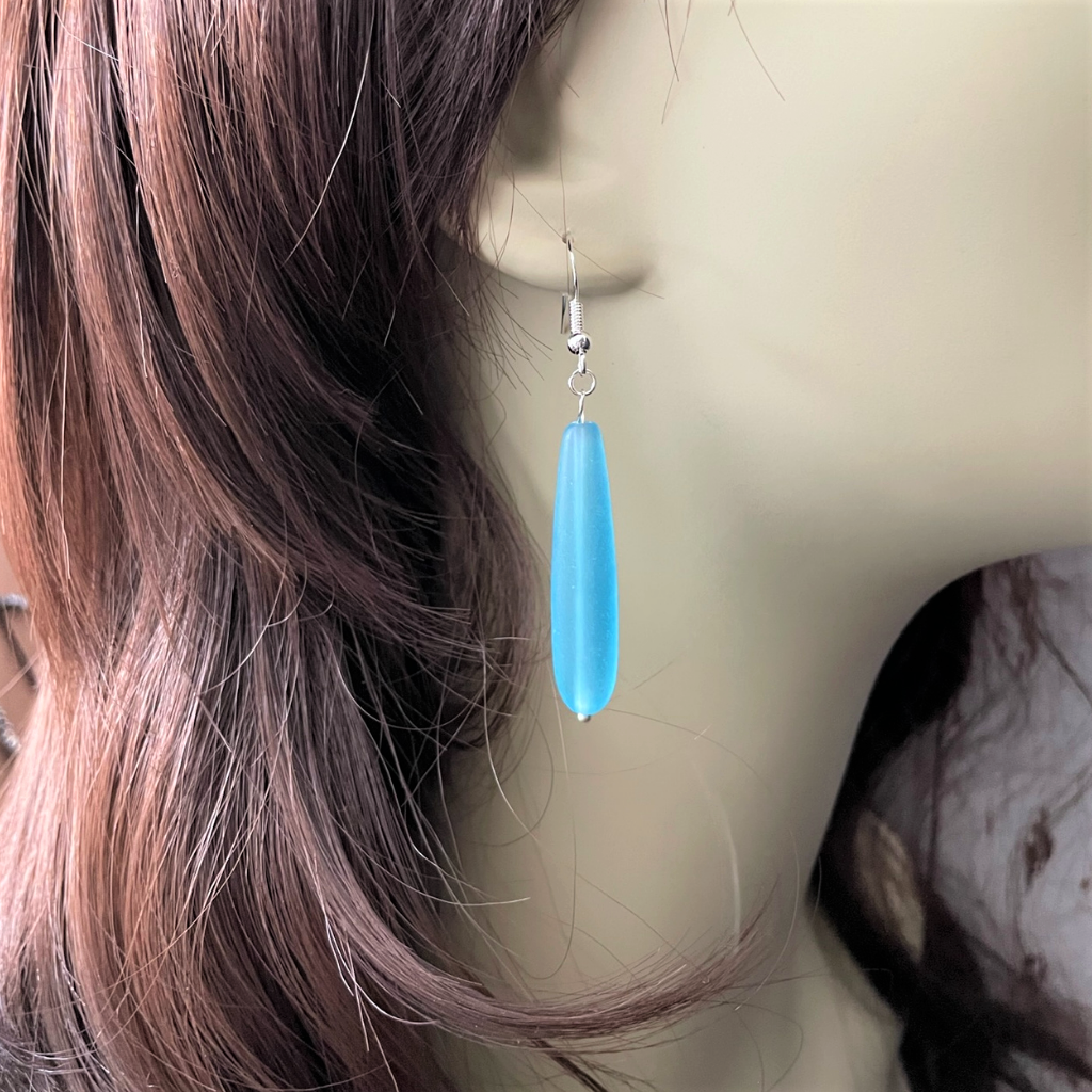 Buy the Ocean Blue Matte Glass Long Teardrop Earrings JaeBee