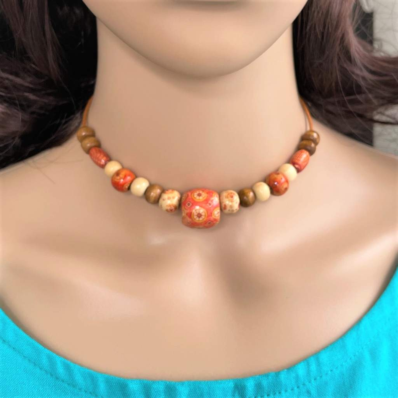 Orange and Brown Wood Choker-Brown,Chokers,Necklaces,White,Wood
