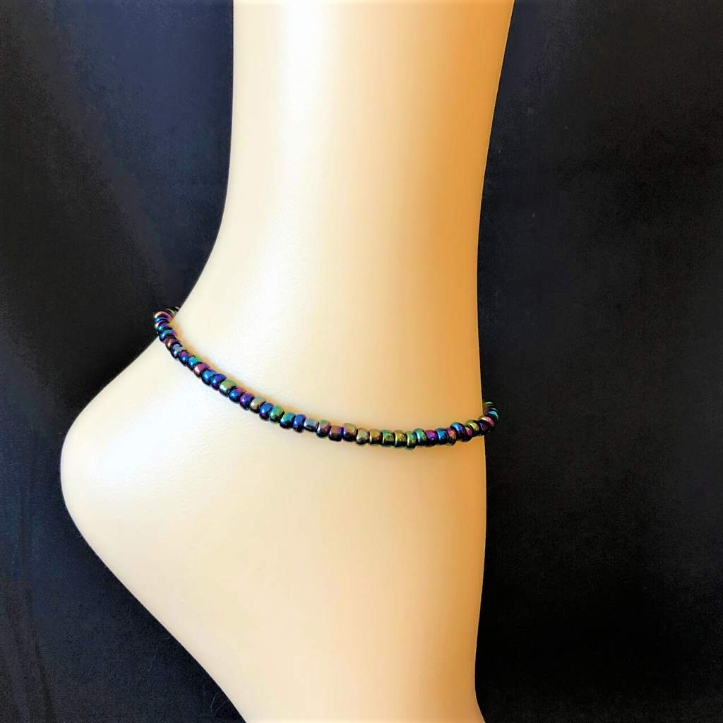 Peacock Iridescent Seed Bead Anklet-Anklets,Blue