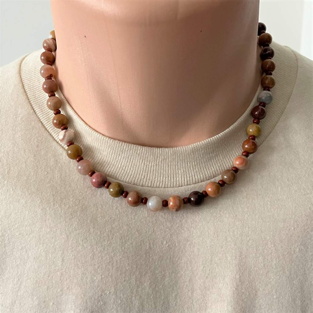 Petrified Wood Agate Mens Necklace-Agate,Beaded Necklaces,Brown,mens,Necklaces