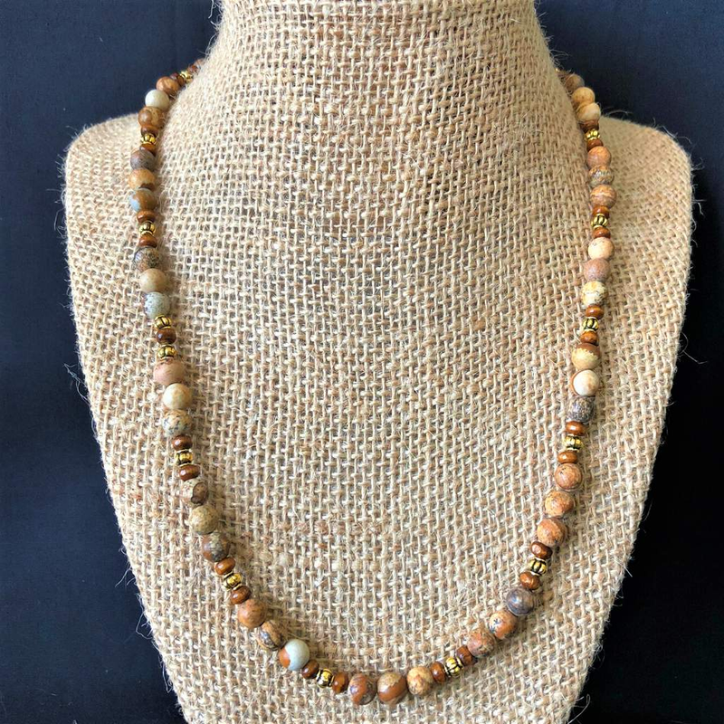 Matte Picture Jasper Beaded Necklace-Beaded Necklaces,Brown,Mens