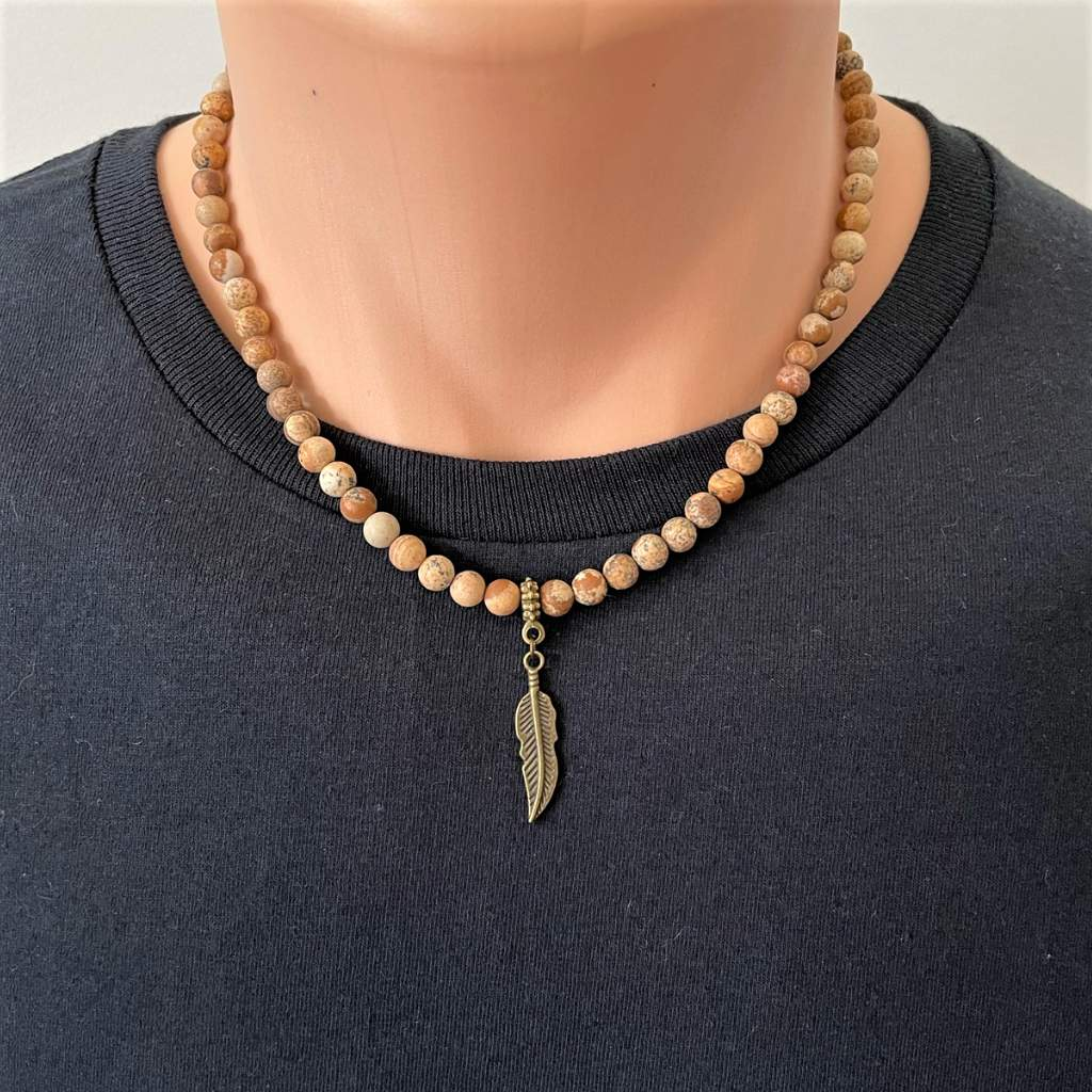 Picture Jasper Matte Mens Necklace with Brass Feather-Brown,Feather,mens,Necklaces