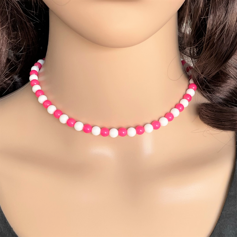 Pink and White Czech Beaded Necklace