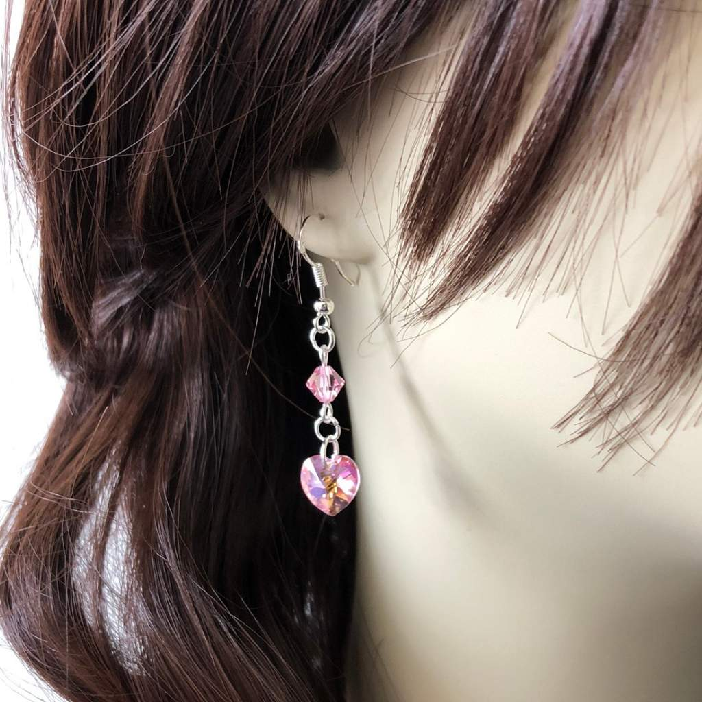 Pink Swarovski Heart Dangle Earrings-Dangle Earrings,Heart,Pink