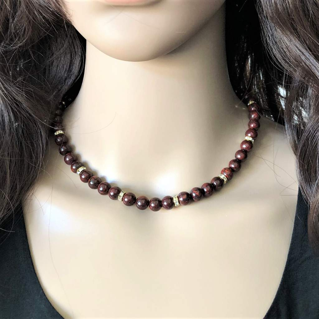 Poppy Jasper and Crystal Beaded Necklace-Beaded Necklaces,Burgundy
