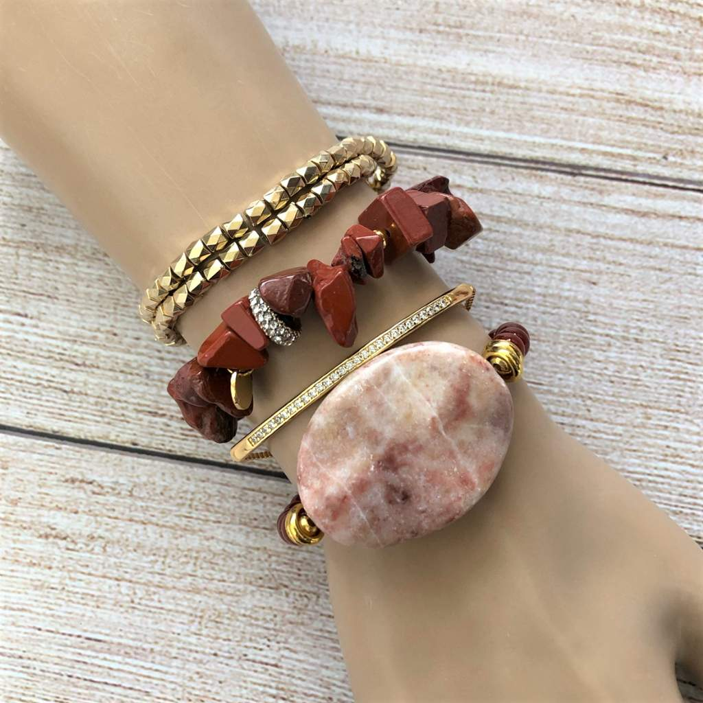 Red Jasper Chip and Gold Crystal Stretch Bracelet-Beaded Bracelets,bracelets,Jasper,Red