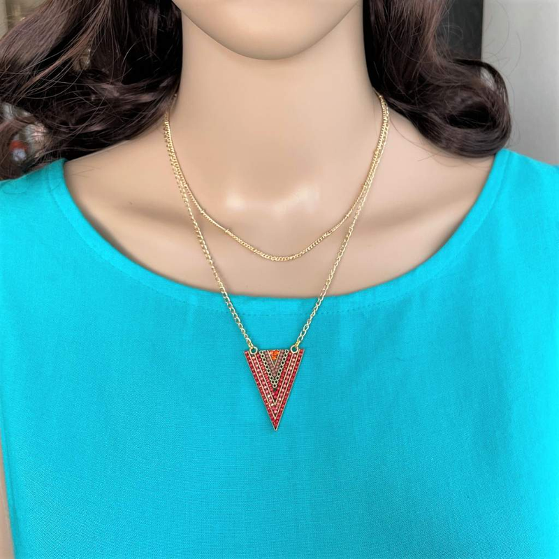 Red Triangle Gold Layered Necklace-Gold Necklaces,Layered Necklaces,Red