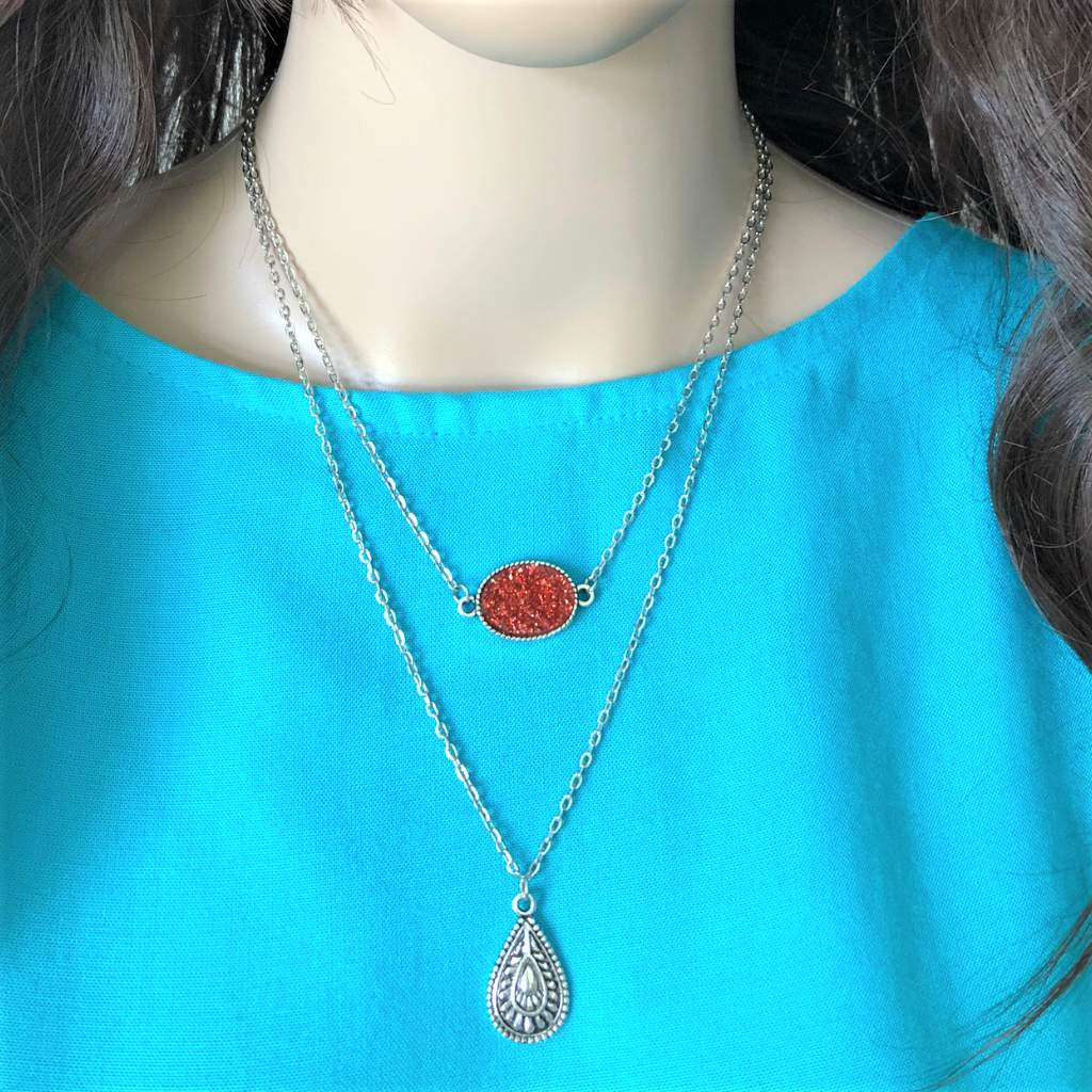 Red Druzy and Silver Charm Layered Necklace-Layered Necklaces,Silver Necklaces