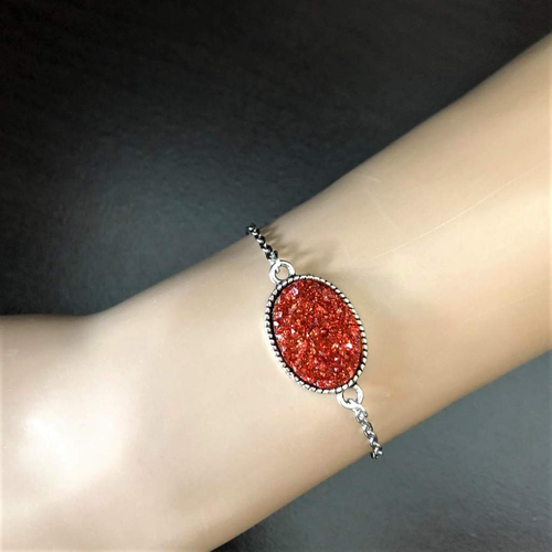 Red Druzy Oval Stone Chain Adjustable Bracelet-bracelets,Red,Silver Bracelets
