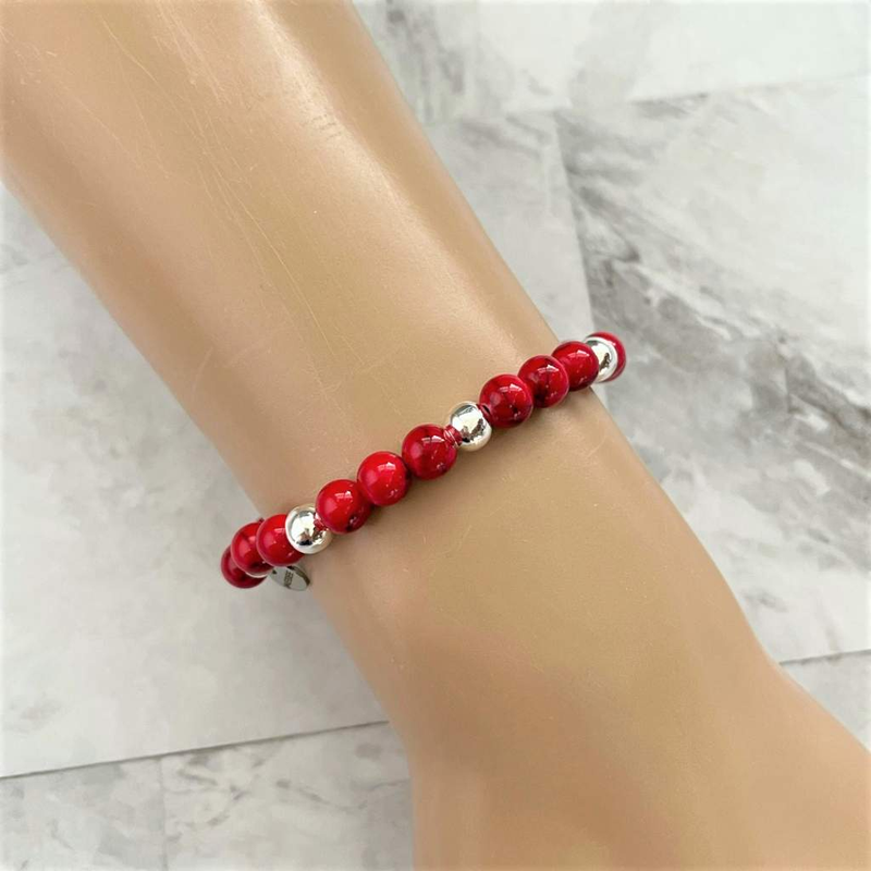 Red Mosaic and Silver Beaded Bracelet-Beaded Bracelets,bracelets,Red,Stacked