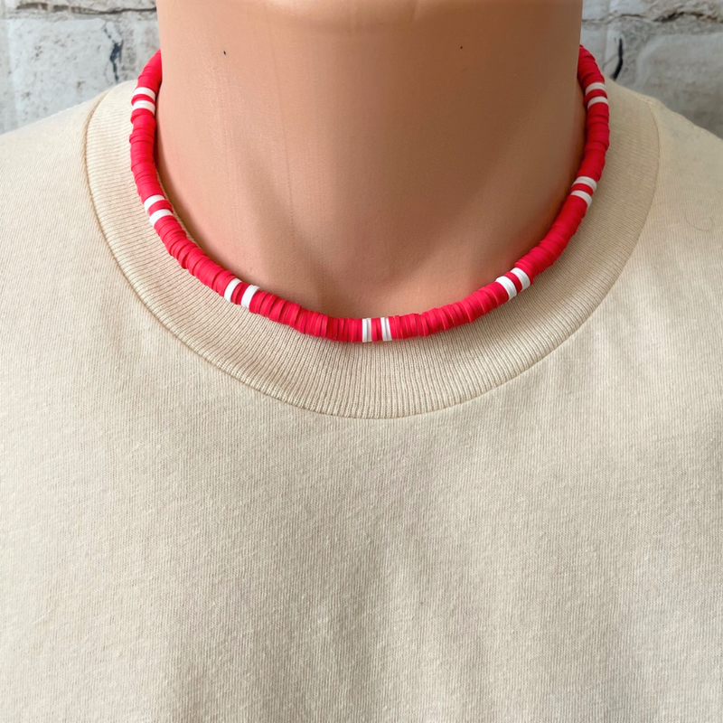 Red and White Polymer Mens Beaded Necklace