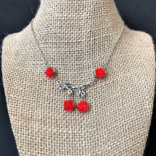 Red Rose Silver Branch Necklace-Flower,Red,Silver Necklaces
