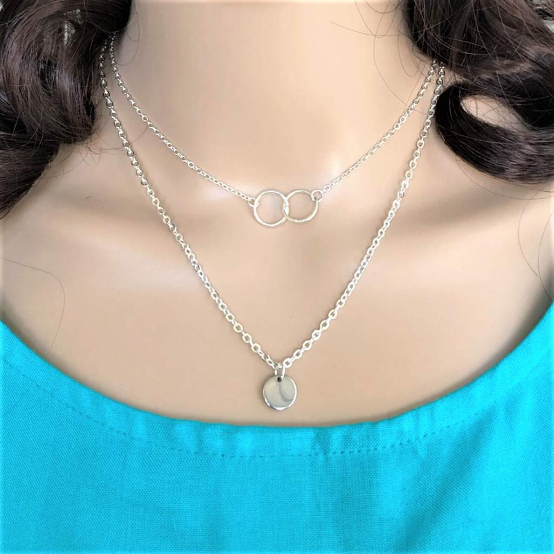 Silver Layered Ring and Disc Necklace-Layered Necklaces,Silver Necklaces