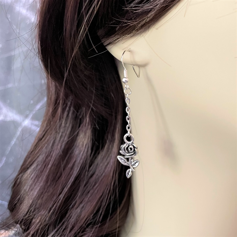 Rose Long Dangle Silver Earrings