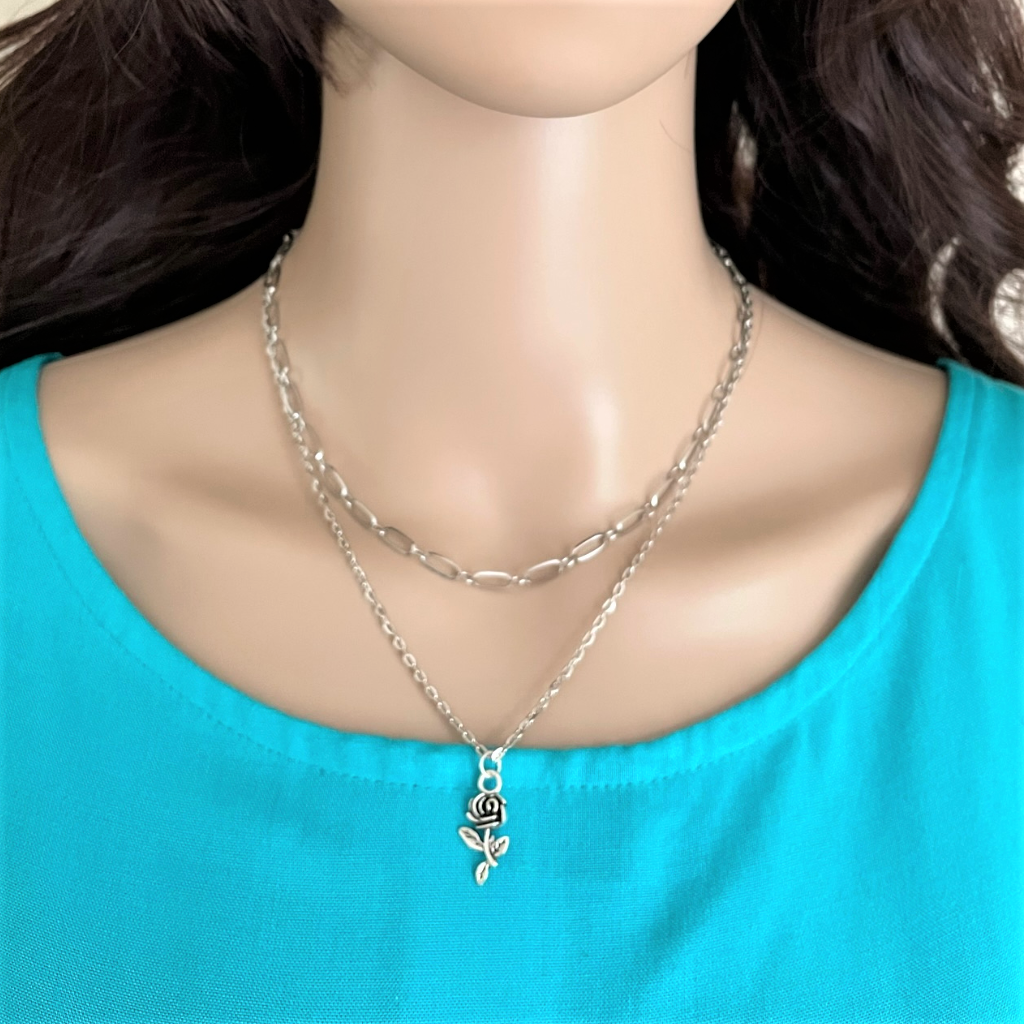 Silver Layered Rose Necklace