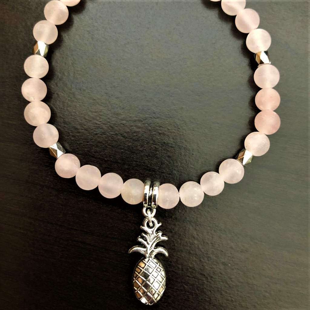 Matte Rose Quartz Beaded Bracelet and Silver Pineapple Charm-Beaded Bracelets,Pink
