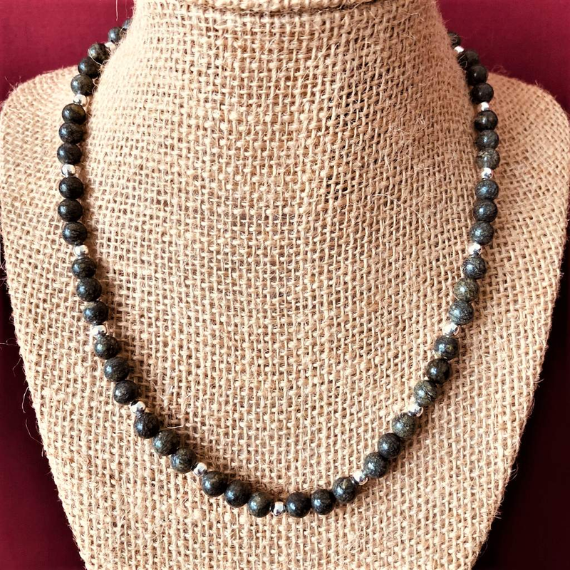 Russian Serpentine and Silver Beaded Mens Necklace-Beaded Necklaces,Mens