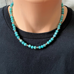Mens Blue Sea Agate and Silver Beaded Necklace