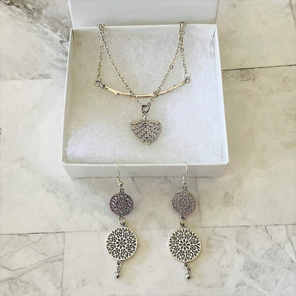 Silver Layered Branch Necklace and Double Disc Earrings Set