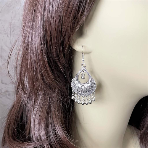 Silver Crescent Long Dangle Earrings-Dangle Earrings,Earrings,Silver Earrings