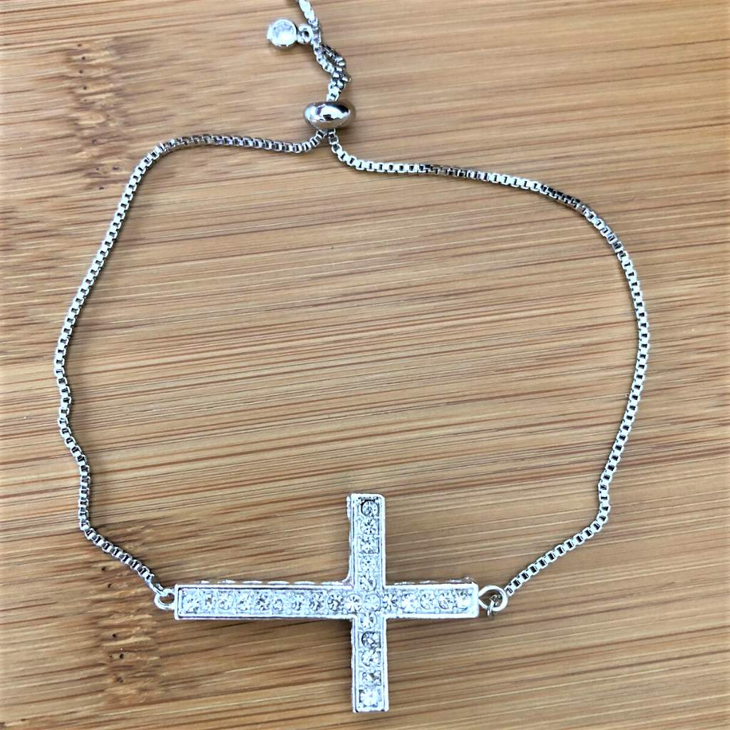 Silver Crystal Cross Adjustable Bracelet-Cross,Religious,Silver Bracelets