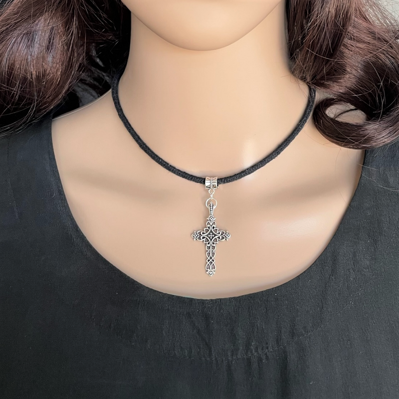 Silver Cross On Black Choker Cotton Cord.