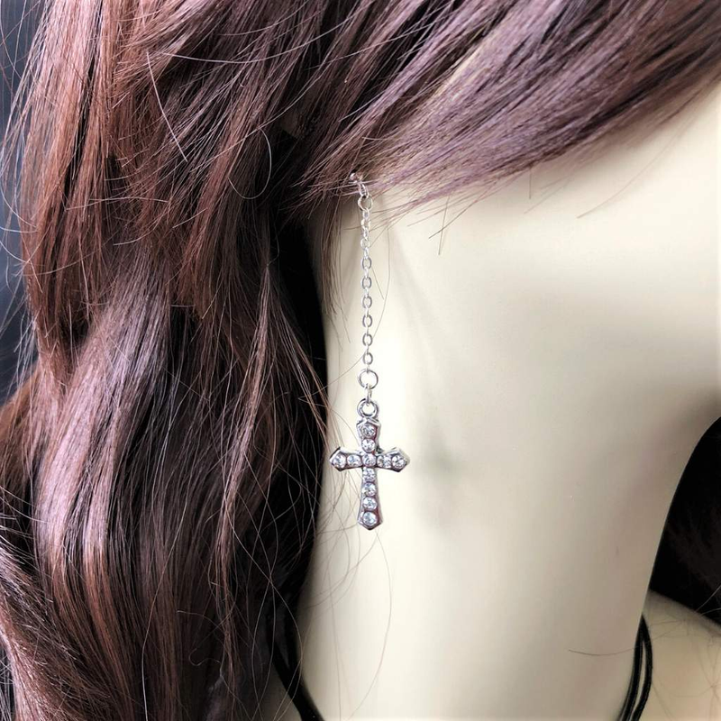 Silver Crystal Cross Long Dangle Earrings-Cross,Dangle Earrings,Silver Earrings