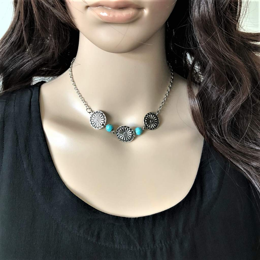 Silver Flower Disc and Turquoise Necklace-Silver Necklaces