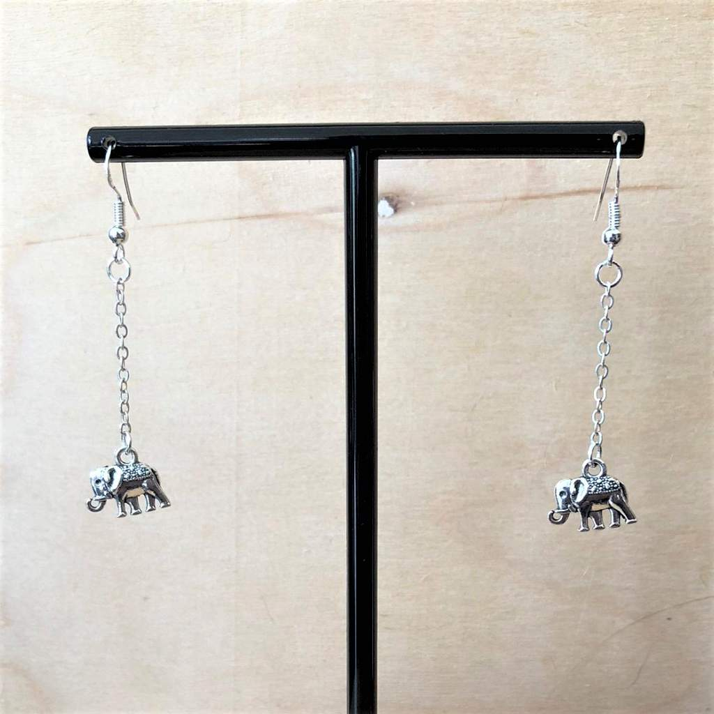 Silver Elephant Long Dangle Earrings-Dangle Earrings,Earrings,Silver Earrings