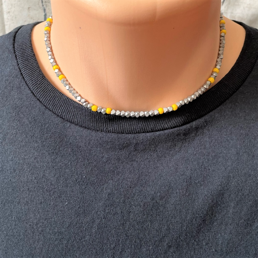 Matte Silver Hematite Hexcut and Yellow Mens Beaded Necklace