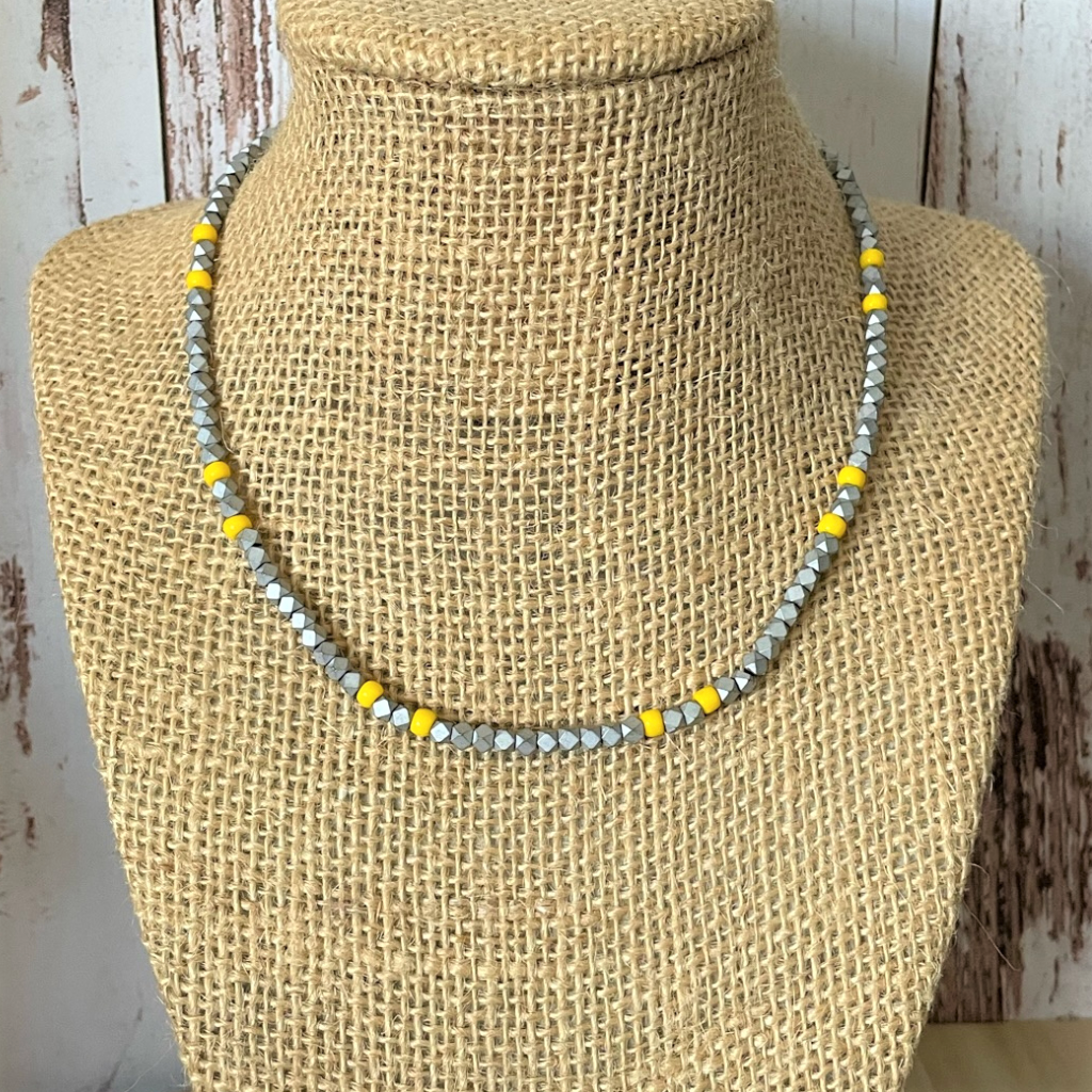 Matte Silver Hematite Hexcut and Yellow Mens Beaded Necklace