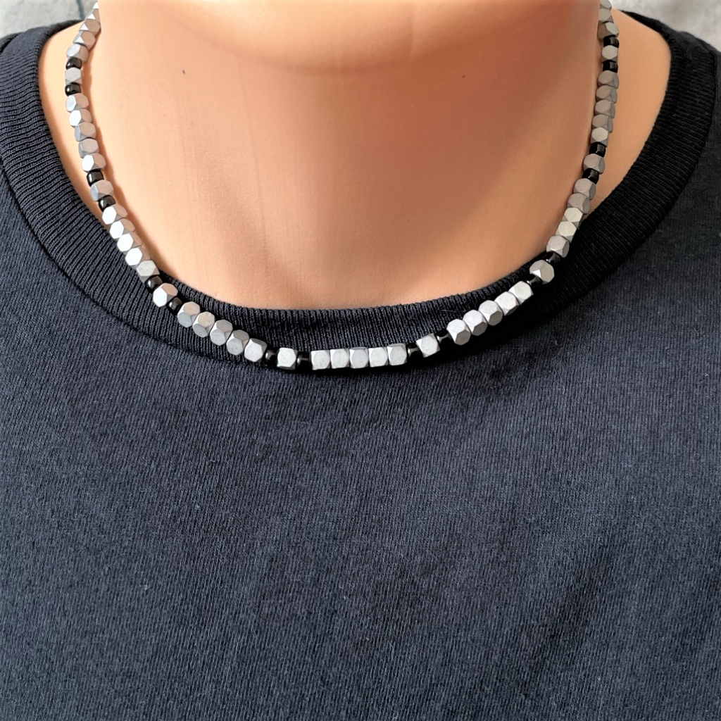 Silver Matte Hexcut and Black Onyx Mens Beaded Necklace