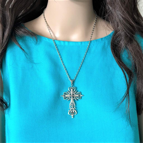 Silver Fancy Large Cross Necklace-Cross,Religious,Silver Necklaces