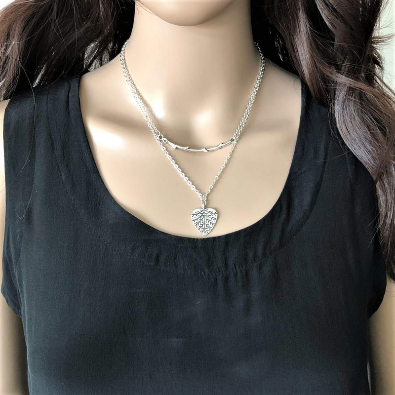 Silver Layered Branch and Heart Leaf Necklace-Heart,Layered Necklaces,Silver Necklaces