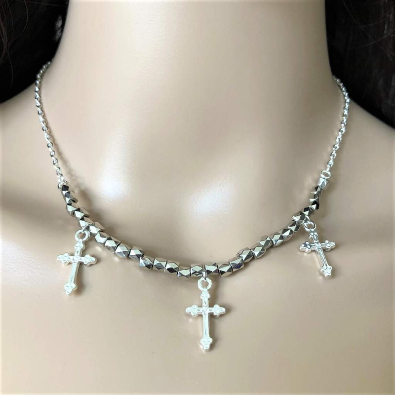 Silver Multi Cross Chain Necklace-Religious,Silver Necklaces
