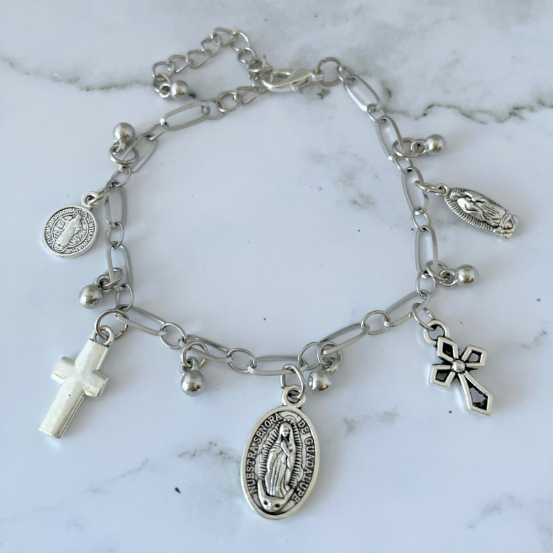 Silver Religious Cross and Saints Charm Bracelet